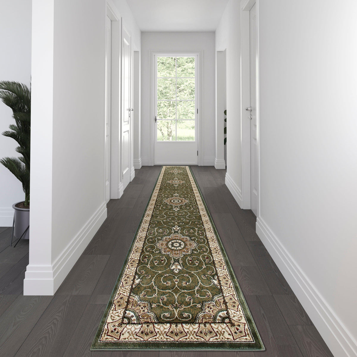 Green,3' x 15' |#| Medallion Motif Traditional Persian Style Olefin  Area Rug in Green - 3' x 15'