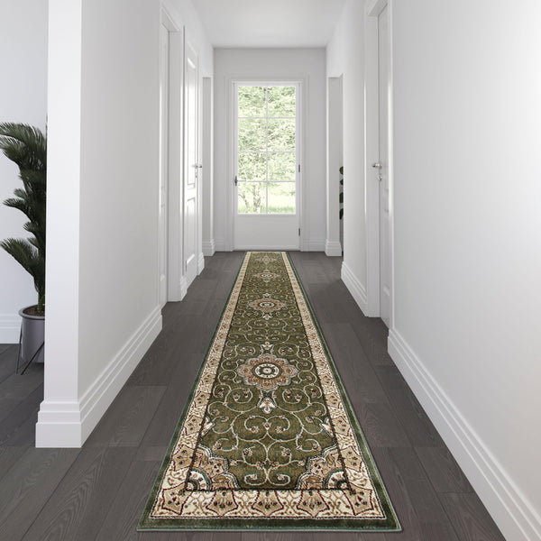 Green,3' x 15' |#| Medallion Motif Traditional Persian Style Olefin  Area Rug in Green - 3' x 15'