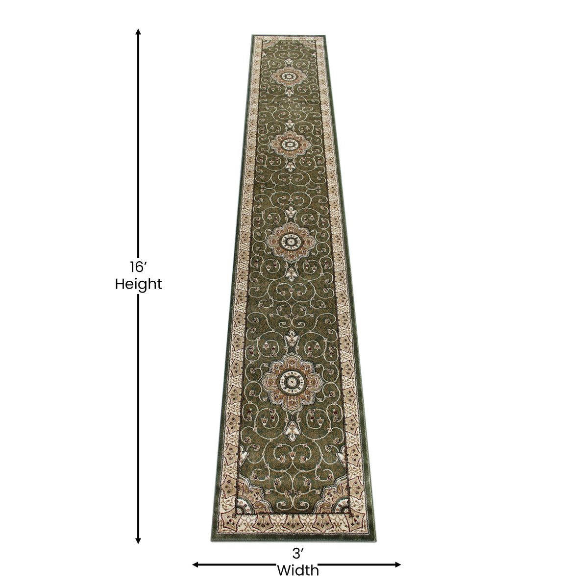 Green,3' x 15' |#| Medallion Motif Traditional Persian Style Olefin  Area Rug in Green - 3' x 15'