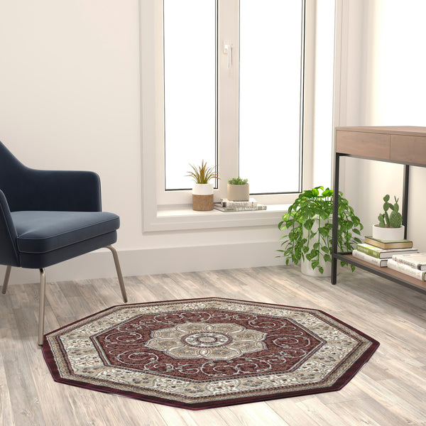 Burgundy,4' Octagon |#| Medallion Motif Traditional Persian Style Octagon Area Rug in Burgundy - 4' x 4'