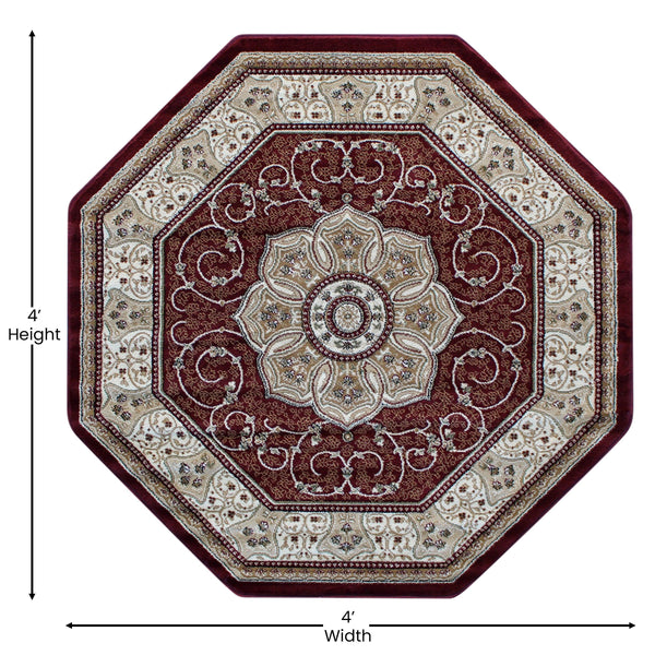 Burgundy,4' Octagon |#| Medallion Motif Traditional Persian Style Octagon Area Rug in Burgundy - 4' x 4'