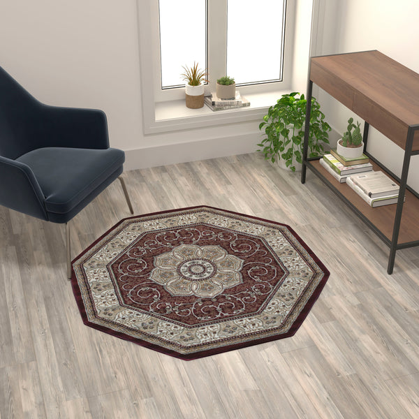 Burgundy,4' Octagon |#| Medallion Motif Traditional Persian Style Octagon Area Rug in Burgundy - 4' x 4'