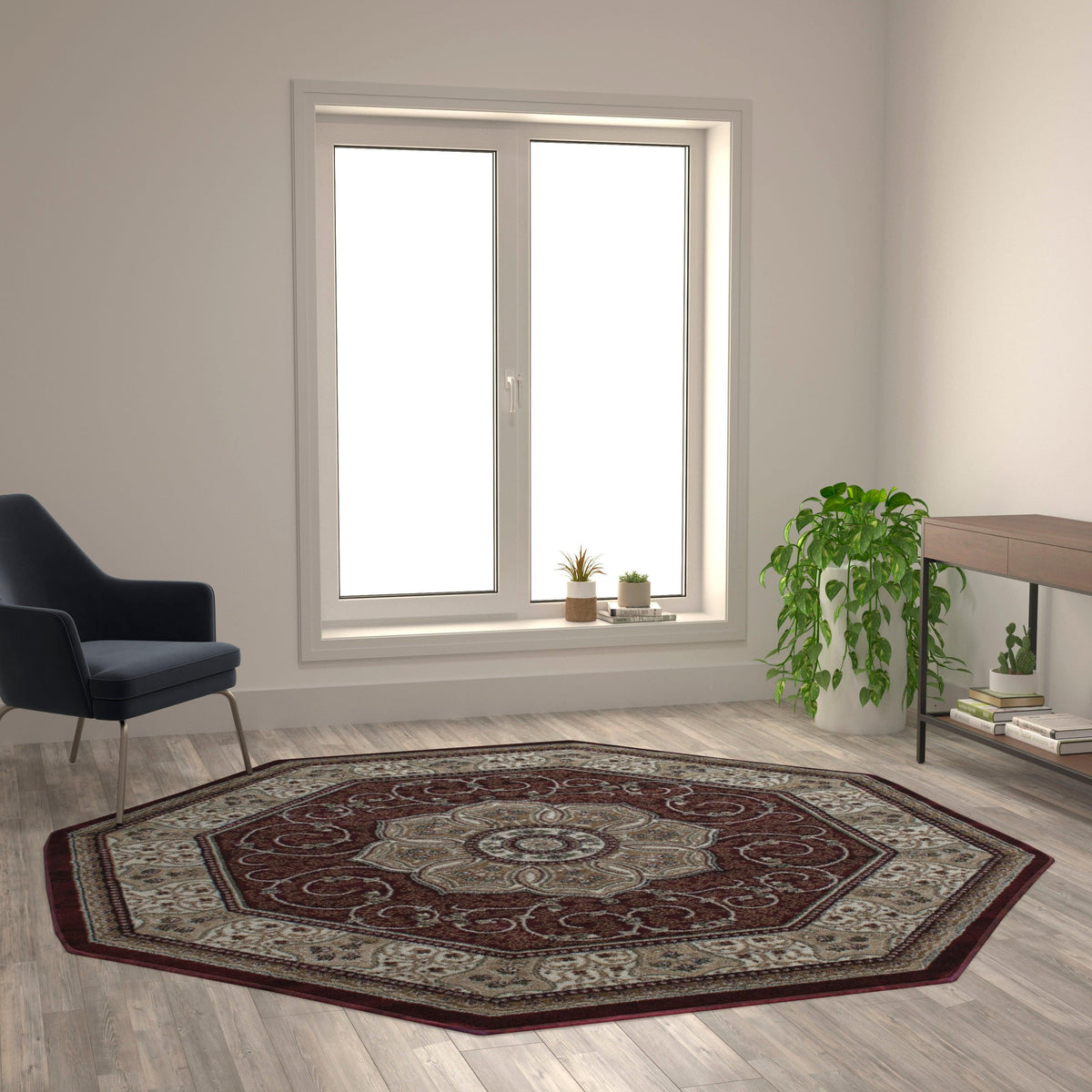 Burgundy,7' Octagon |#| Medallion Motif Traditional Persian Style Octagon Area Rug in Burgundy - 7' x 7'