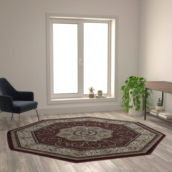 Burgundy,7' Octagon |#| Medallion Motif Traditional Persian Style Octagon Area Rug in Burgundy - 7' x 7'