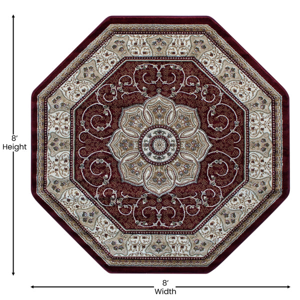 Burgundy,7' Octagon |#| Medallion Motif Traditional Persian Style Octagon Area Rug in Burgundy - 7' x 7'