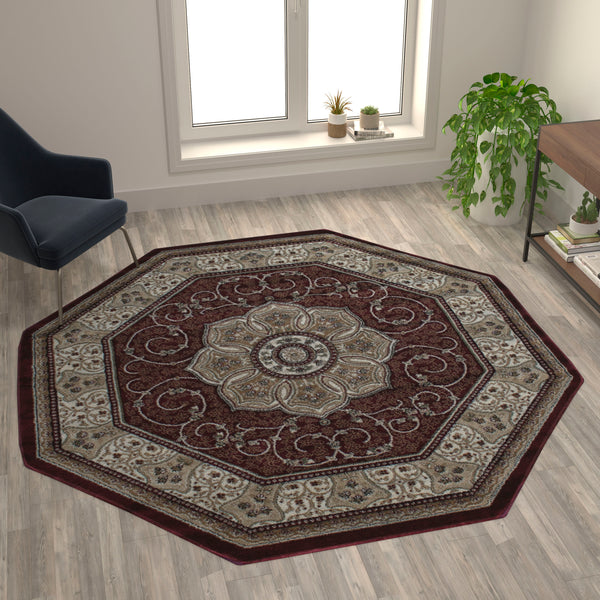 Burgundy,7' Octagon |#| Medallion Motif Traditional Persian Style Octagon Area Rug in Burgundy - 7' x 7'