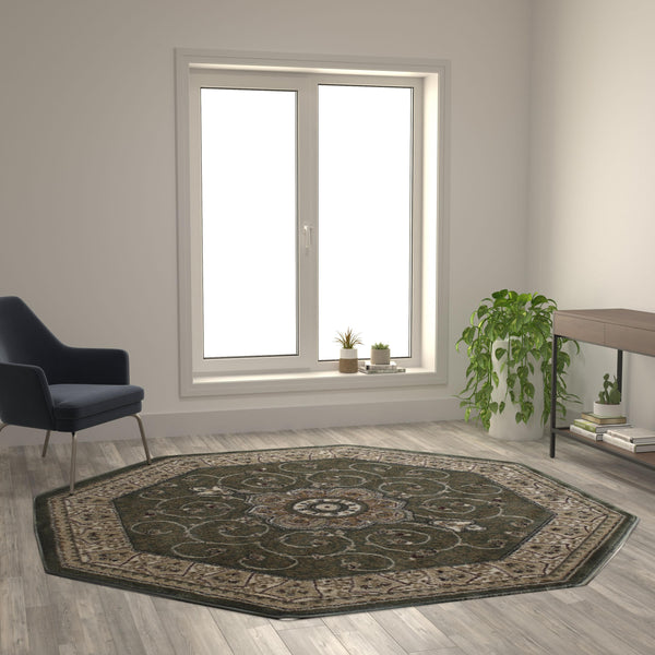 Green,7' Octagon |#| Medallion Motif Traditional Persian Style Round Area Rug in Green - 7' x 7'