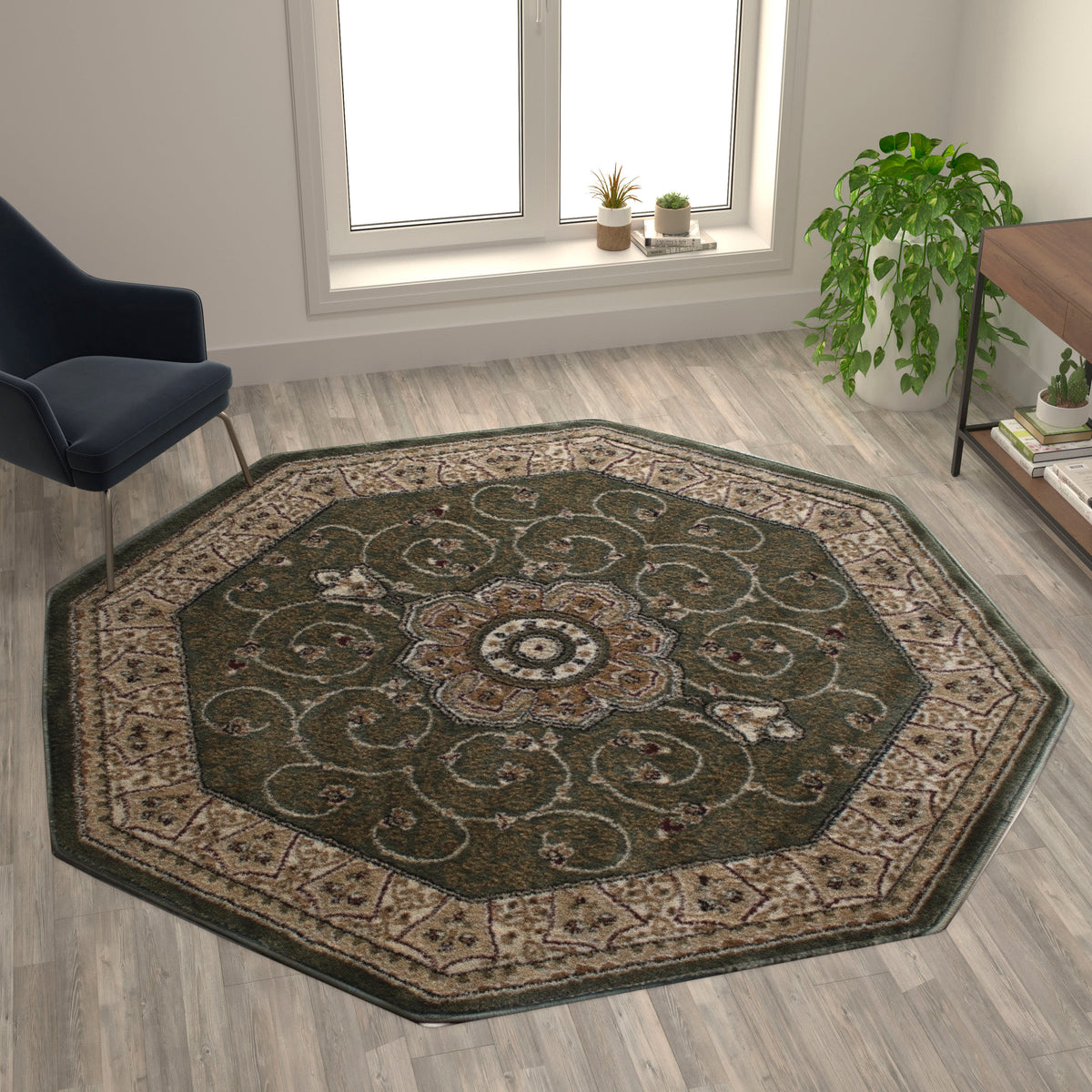 Green,7' Octagon |#| Medallion Motif Traditional Persian Style Round Area Rug in Green - 7' x 7'