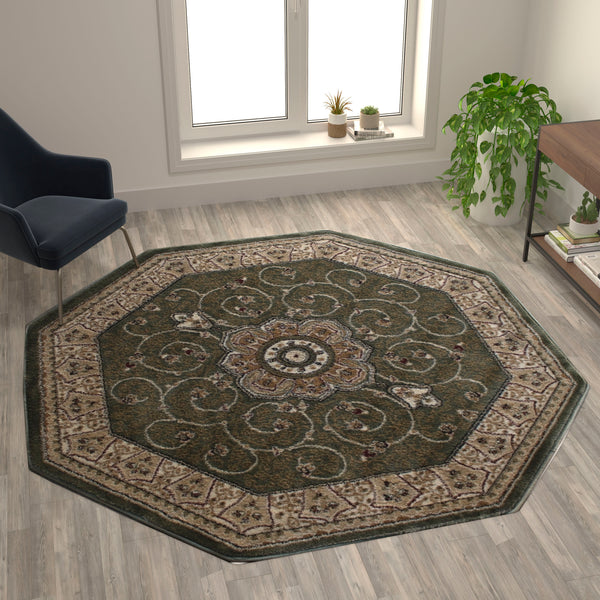 Green,7' Octagon |#| Medallion Motif Traditional Persian Style Round Area Rug in Green - 7' x 7'