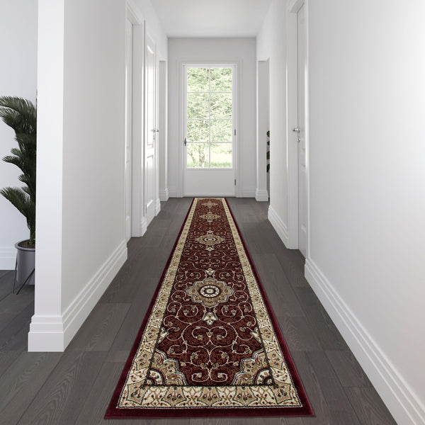 Burgundy,3' x 15' |#| Medallion Motif Traditional Persian Style Olefin  Area Rug in Burgundy - 3 x 15
