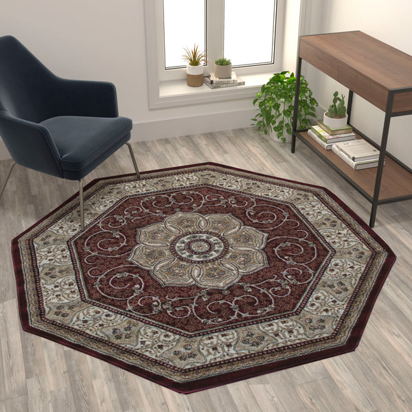 Burgundy,5' Octagon |#| Medallion Motif Traditional Persian Style Octagon Area Rug in Burgundy - 5' x 5'