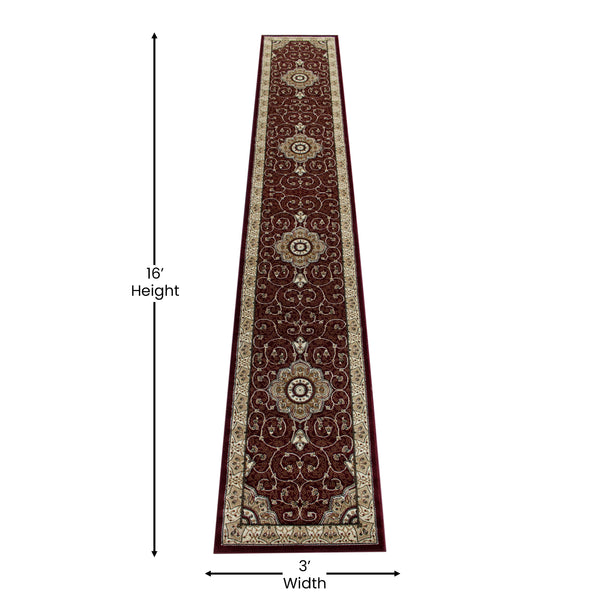 Burgundy,3' x 15' |#| Medallion Motif Traditional Persian Style Olefin  Area Rug in Burgundy - 3 x 15