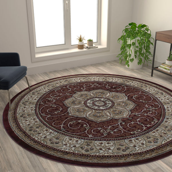 Burgundy,7' Round |#| Medallion Motif Traditional Persian Style Round Area Rug in Burgundy - 7' x 7'