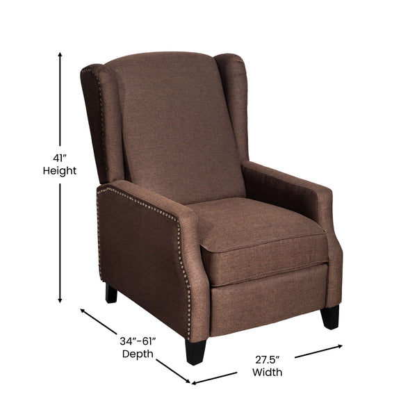 Brown |#| Push Back Wing Back Pocket Spring Recliner in Brown with Side Accent Nail Trim