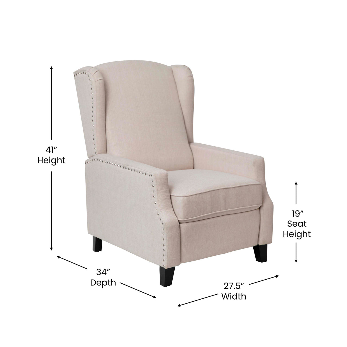 Cream |#| Push Back Wing Back Pocket Spring Recliner in Cream with Side Accent Nail Trim