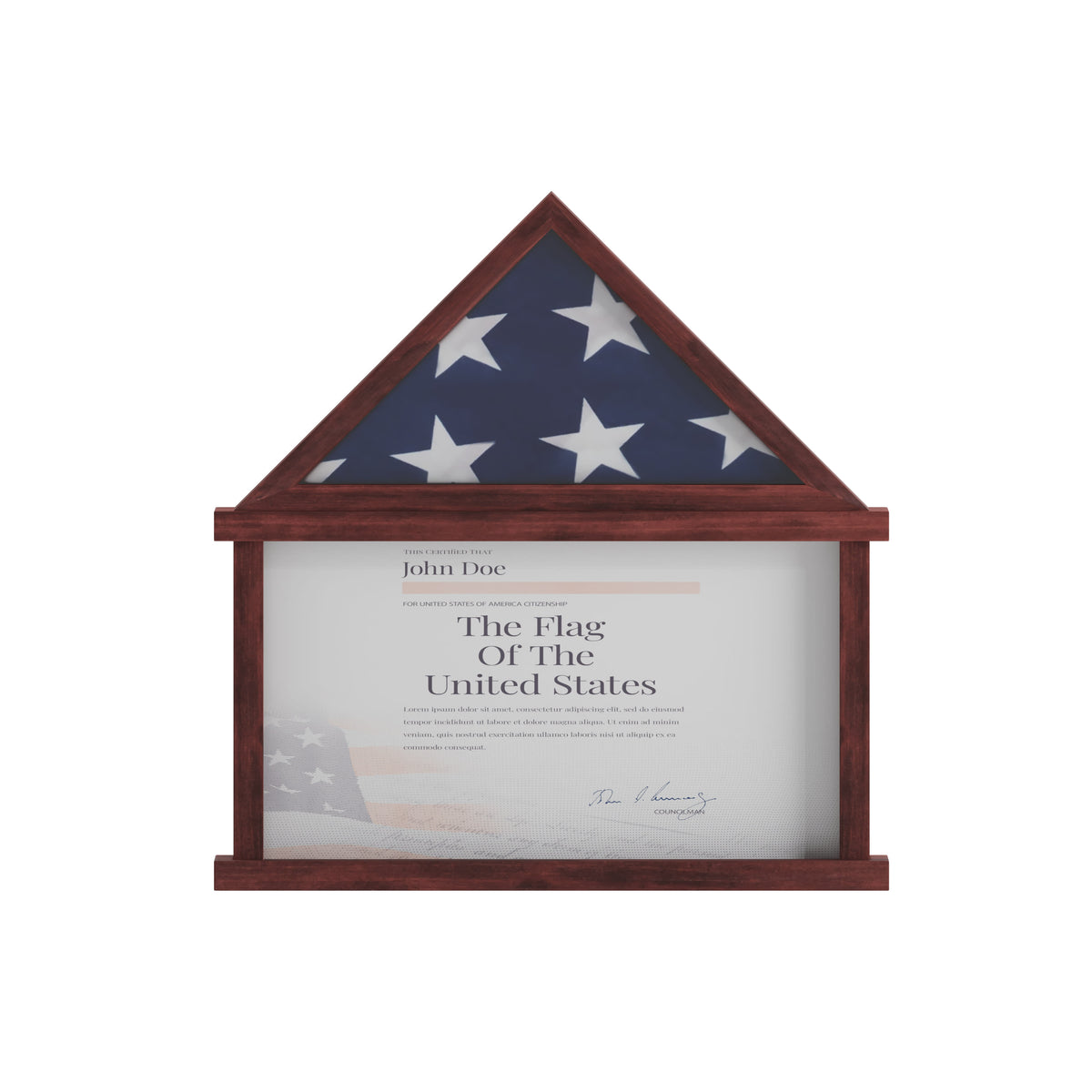 Mahogany,26.5"W x 4.5"D x 26.5"H |#| Glass Front Flag Display Case with Certificate Holder-Fits 9x5 Flag-Dark Brown