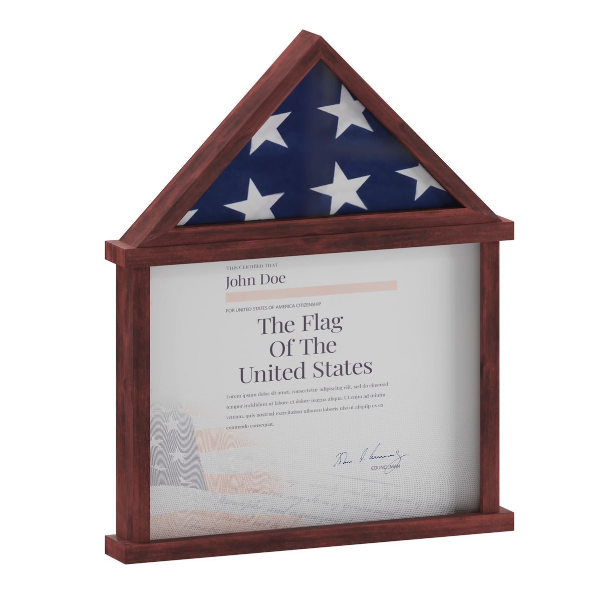 Mahogany,18.5"W x 3.5"D x 22.5"H |#| Glass Front Flag Display Case with Certificate Holder-Fits 3x5 Flag-Dark Brown