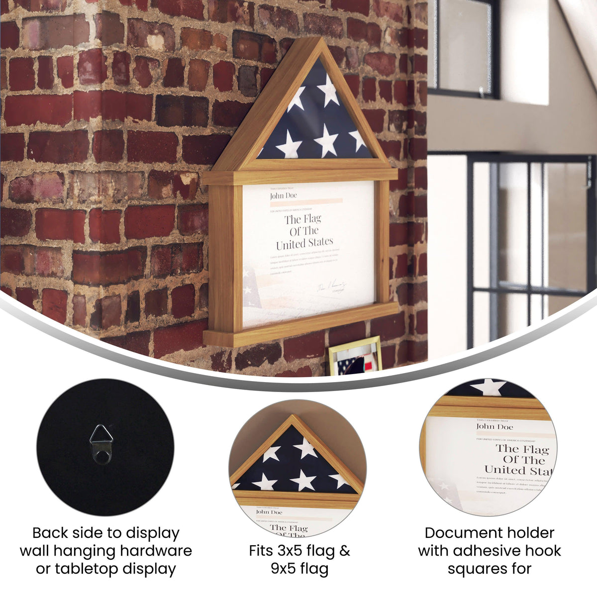 Weathered,26.5"W x 4.5"D x 26.5"H |#| Glass Front Flag Display Case with Certificate Holder-Fits 9x5 Flag-Dark Brown