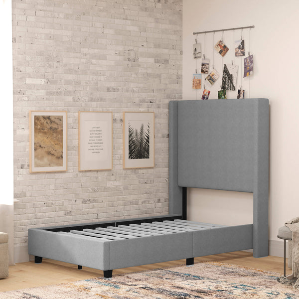 Gray,Twin |#| Twin Size Upholstered Platform Bed with Channel Stitched Headboard in Gray