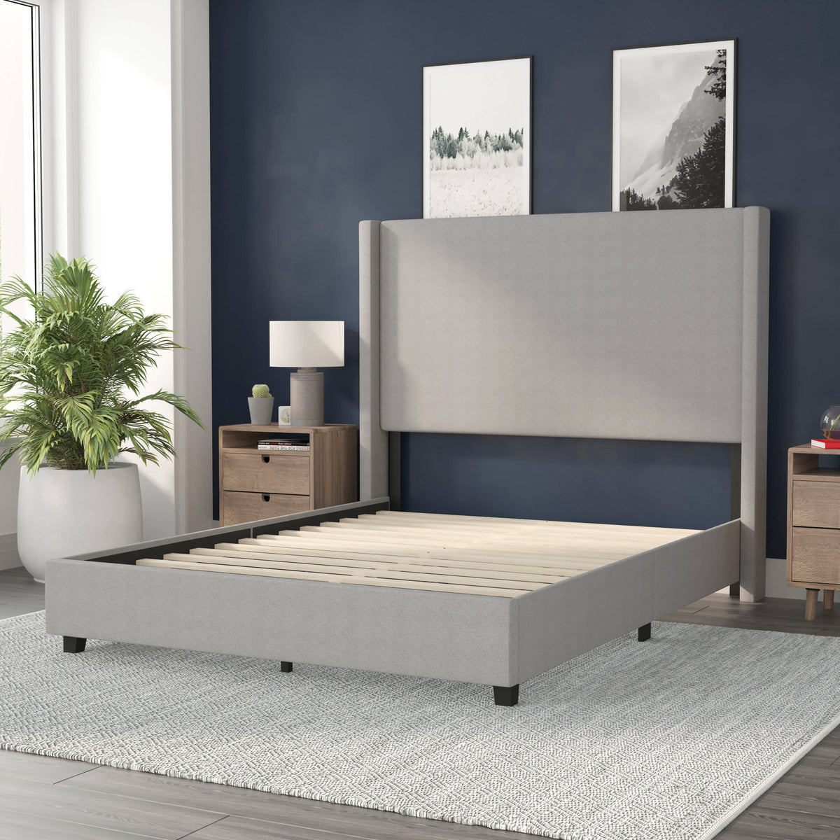 Gray,Queen |#| Queen Size Upholstered Platform Bed with Channel Stitched Headboard in Gray