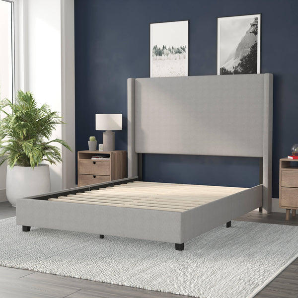 Gray,Queen |#| Queen Size Upholstered Platform Bed with Channel Stitched Headboard in Gray