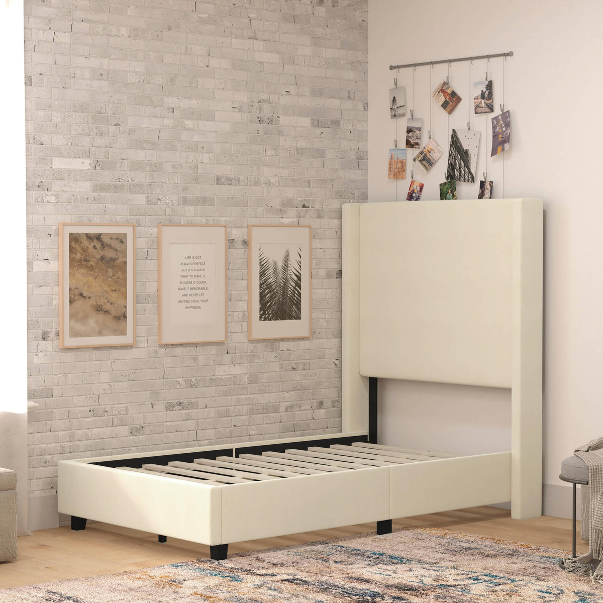 Beige,Twin |#| Twin Size Upholstered Platform Bed with Channel Stitched Headboard in Beige
