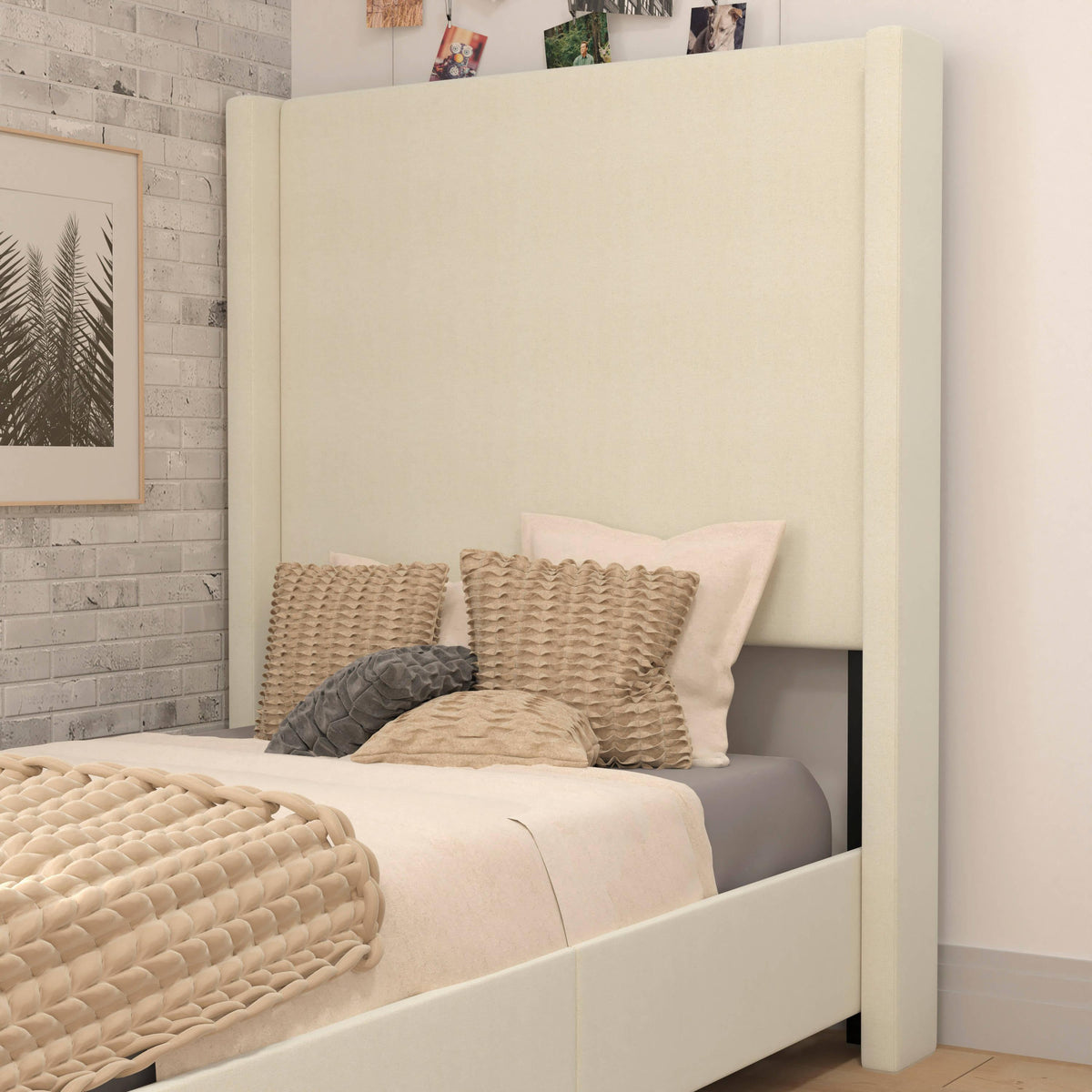 Beige,Twin |#| Twin Size Upholstered Platform Bed with Channel Stitched Headboard in Beige