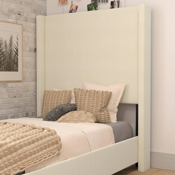 Beige,Twin |#| Twin Size Upholstered Platform Bed with Channel Stitched Headboard in Beige