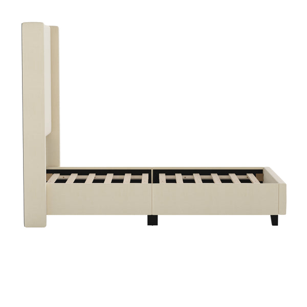 Beige,Twin |#| Twin Size Upholstered Platform Bed with Channel Stitched Headboard in Beige