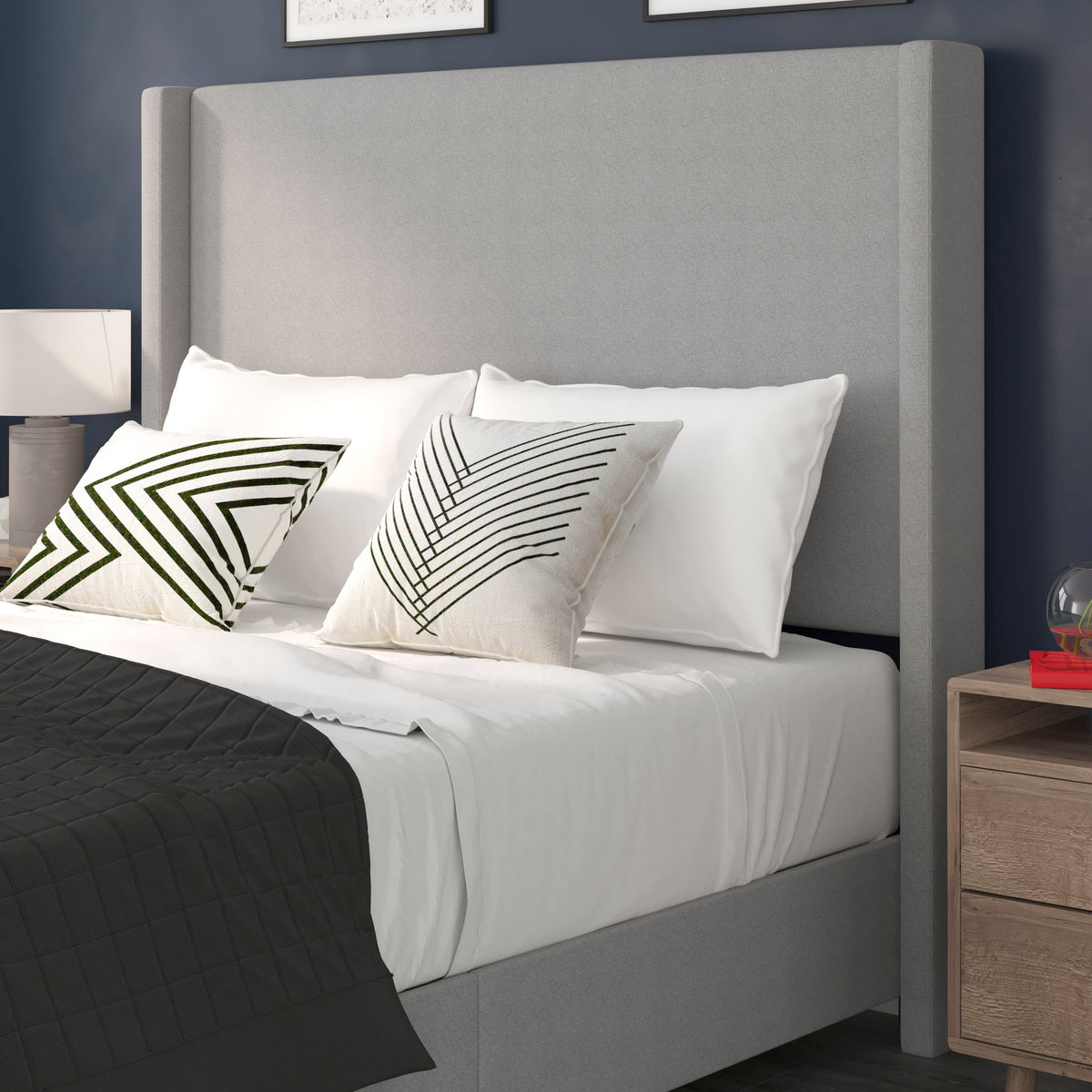 Gray,Queen |#| Queen Size Upholstered Platform Bed with Channel Stitched Headboard in Gray