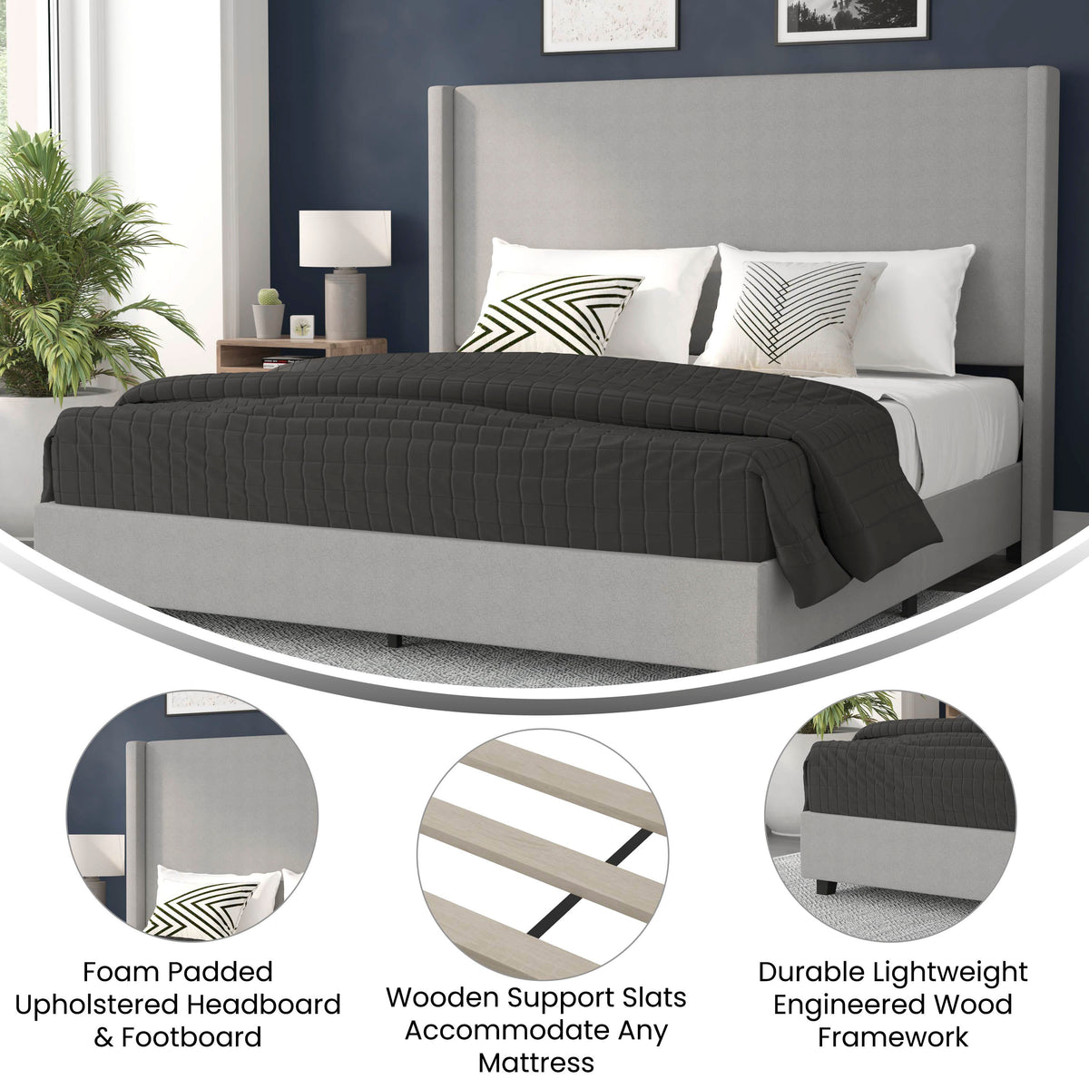 Gray,King |#| King Size Upholstered Platform Bed with Channel Stitched Headboard in Gray