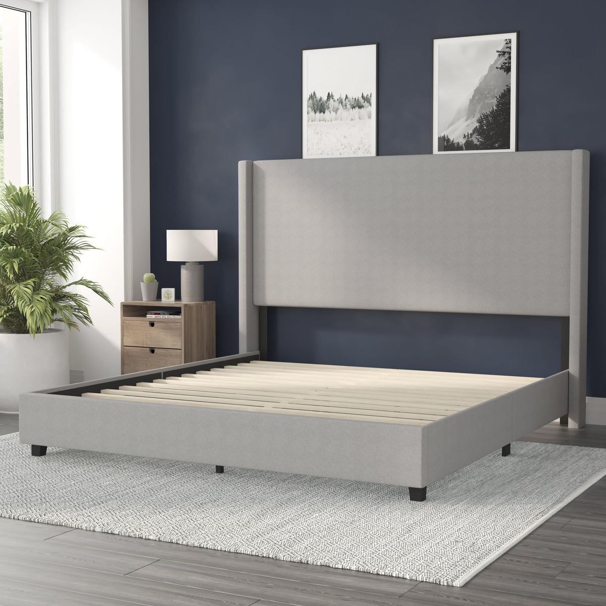 Gray,King |#| King Size Upholstered Platform Bed with Channel Stitched Headboard in Gray