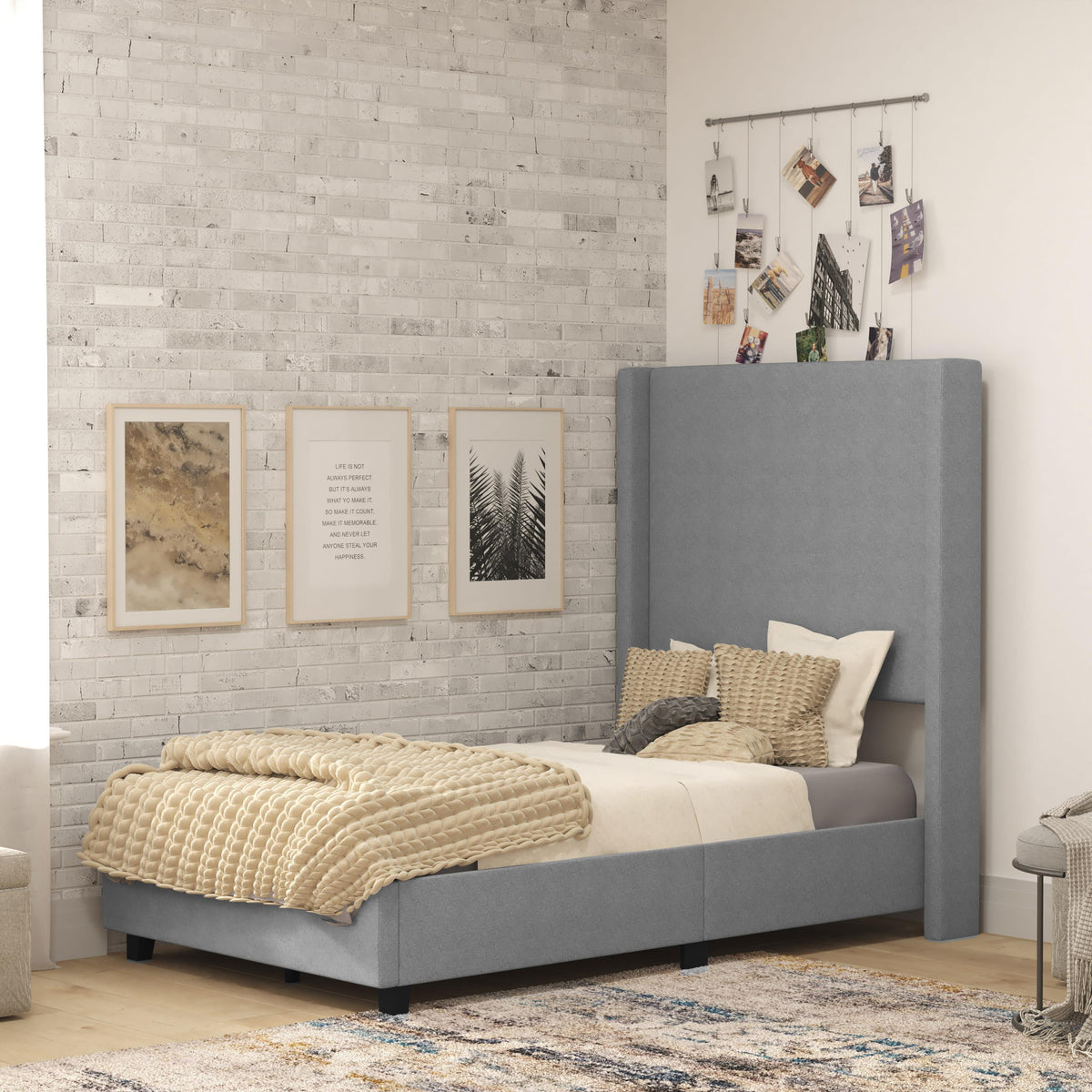 Gray,Twin |#| Twin Size Upholstered Platform Bed with Channel Stitched Headboard in Gray