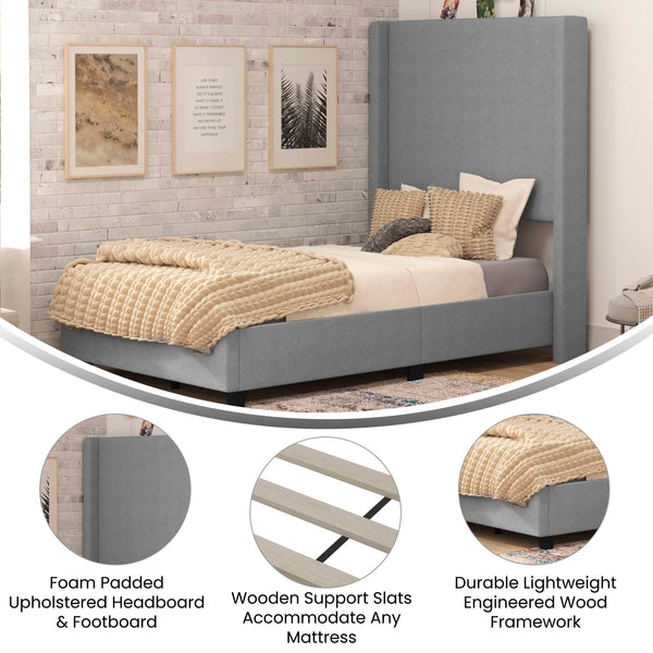 Gray,Twin |#| Twin Size Upholstered Platform Bed with Channel Stitched Headboard in Gray