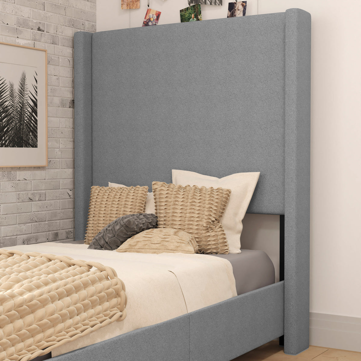 Gray,Twin |#| Twin Size Upholstered Platform Bed with Channel Stitched Headboard in Gray