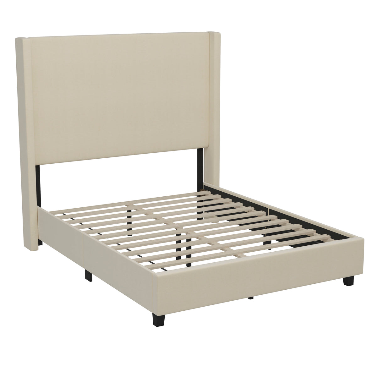 Beige,Full |#| Full Size Upholstered Platform Bed with Channel Stitched Headboard in Beige
