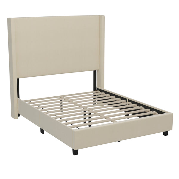 Beige,Full |#| Full Size Upholstered Platform Bed with Channel Stitched Headboard in Beige