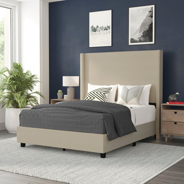 Beige,Full |#| Full Size Upholstered Platform Bed with Channel Stitched Headboard in Beige