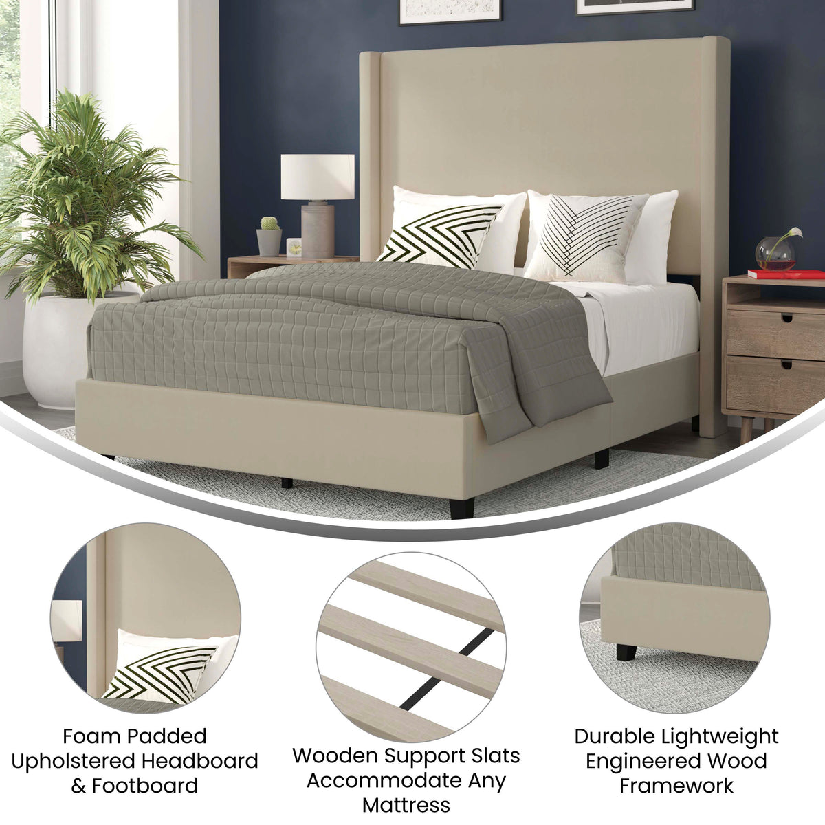 Beige,Full |#| Full Size Upholstered Platform Bed with Channel Stitched Headboard in Beige