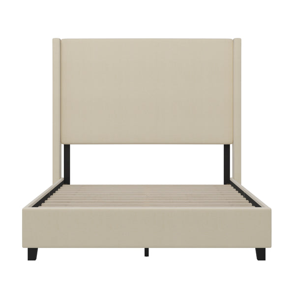 Beige,Full |#| Full Size Upholstered Platform Bed with Channel Stitched Headboard in Beige