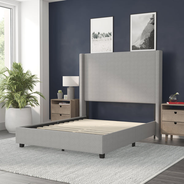 Gray,Full |#| Full Size Upholstered Platform Bed with Channel Stitched Headboard in Gray