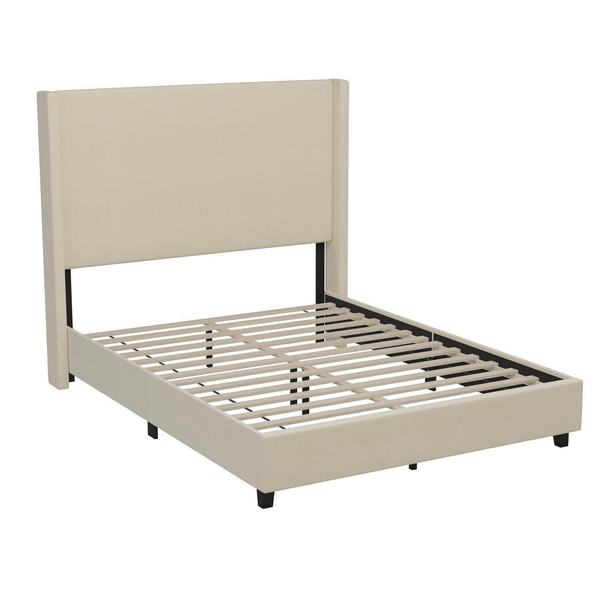 Beige,Queen |#| Queen Size Upholstered Platform Bed with Channel Stitched Headboard in Beige