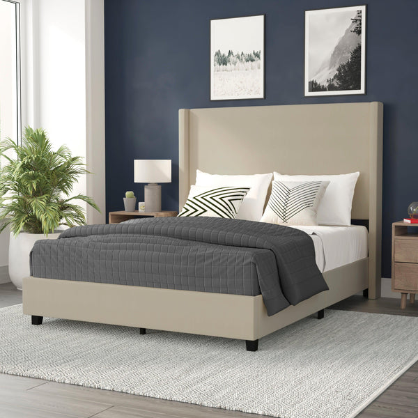 Beige,Queen |#| Queen Size Upholstered Platform Bed with Channel Stitched Headboard in Beige