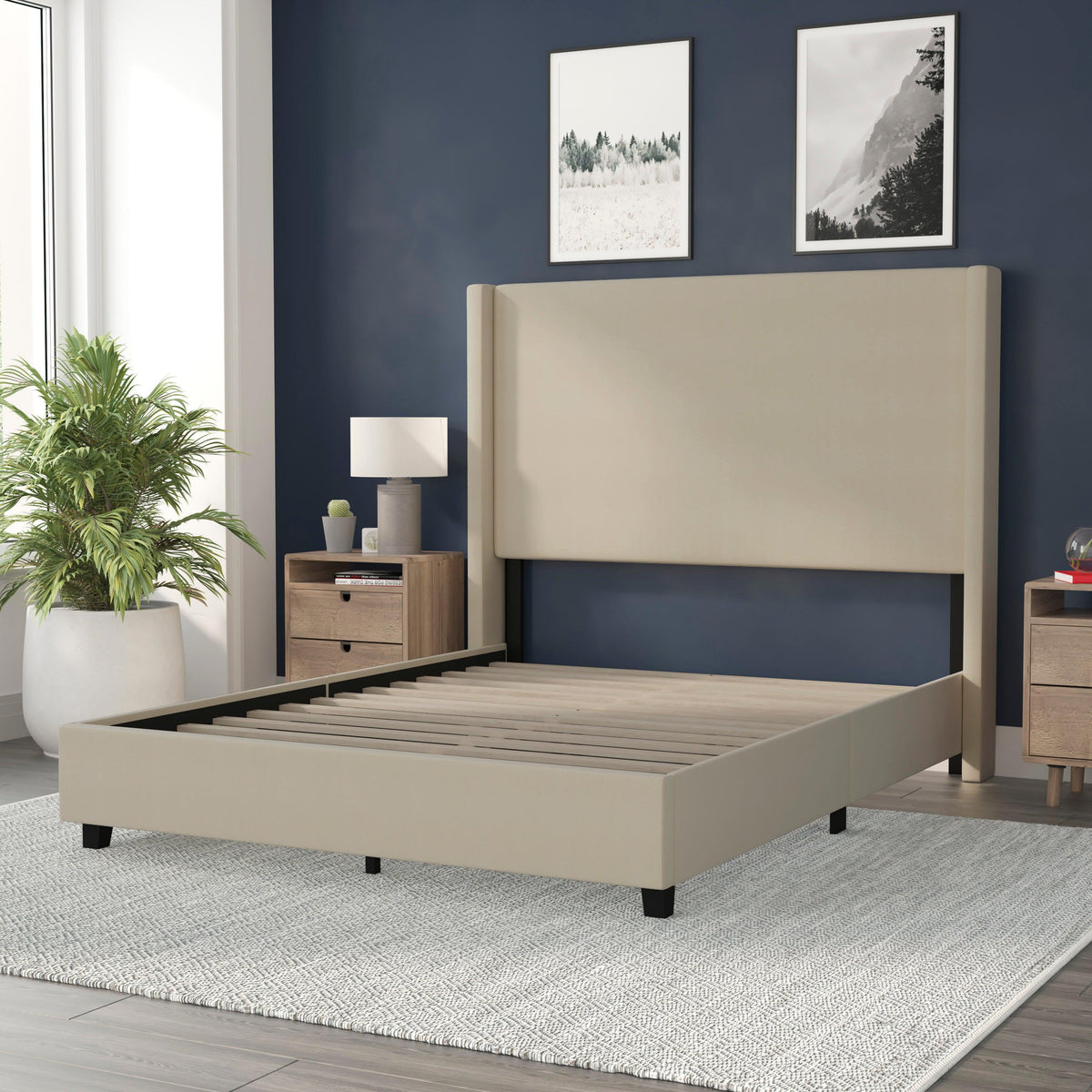 Beige,Queen |#| Queen Size Upholstered Platform Bed with Channel Stitched Headboard in Beige