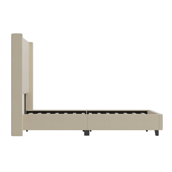 Beige,Queen |#| Queen Size Upholstered Platform Bed with Channel Stitched Headboard in Beige