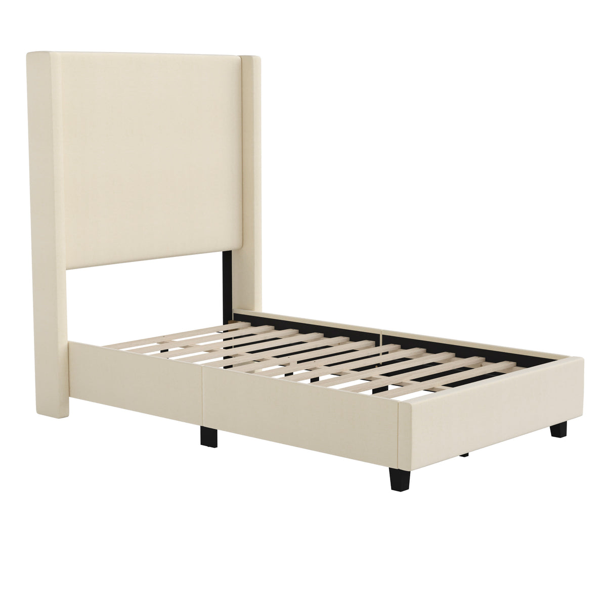 Beige,Twin |#| Twin Size Upholstered Platform Bed with Channel Stitched Headboard in Beige