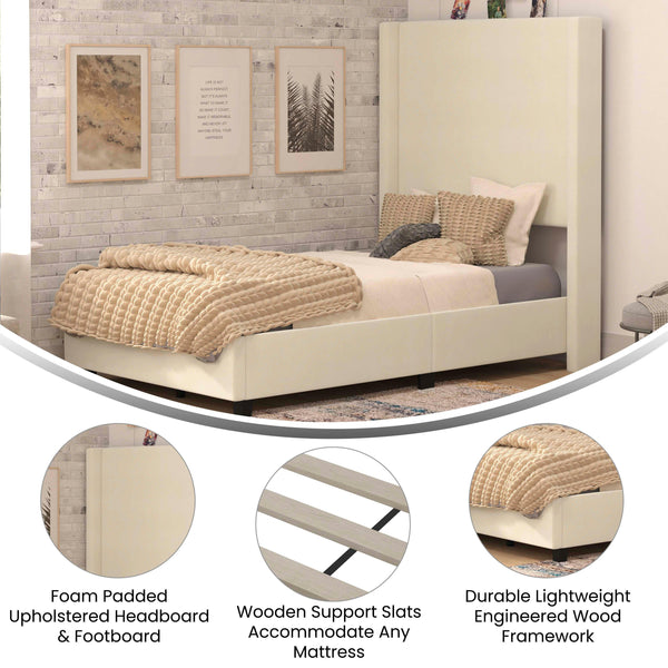 Beige,Twin |#| Twin Size Upholstered Platform Bed with Channel Stitched Headboard in Beige