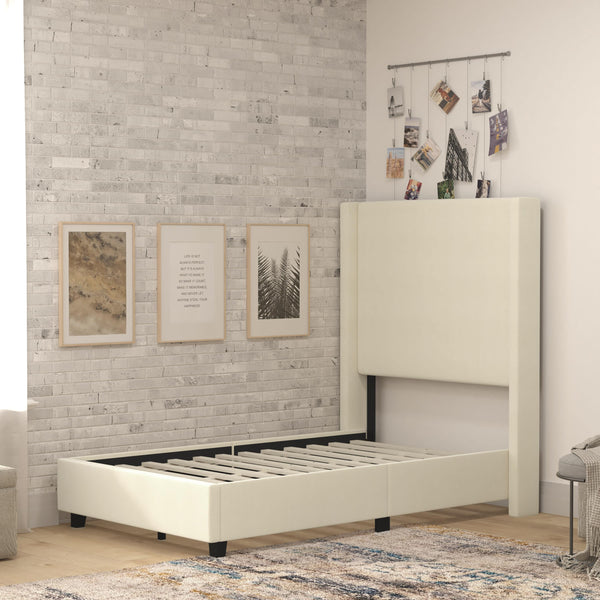 Beige,Twin |#| Twin Size Upholstered Platform Bed with Channel Stitched Headboard in Beige