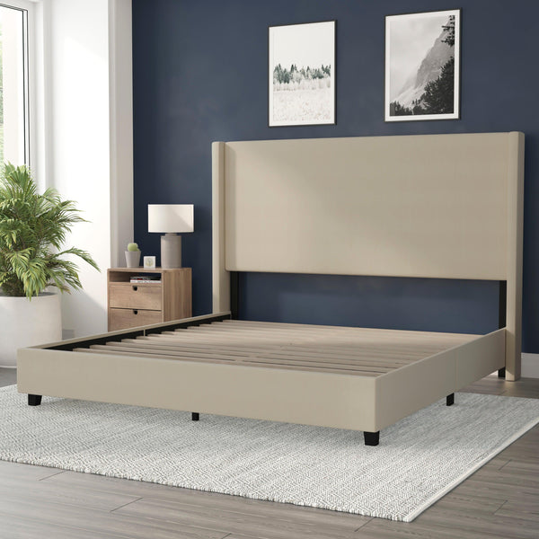 Beige,King |#| King Size Upholstered Platform Bed with Channel Stitched Headboard in Beige