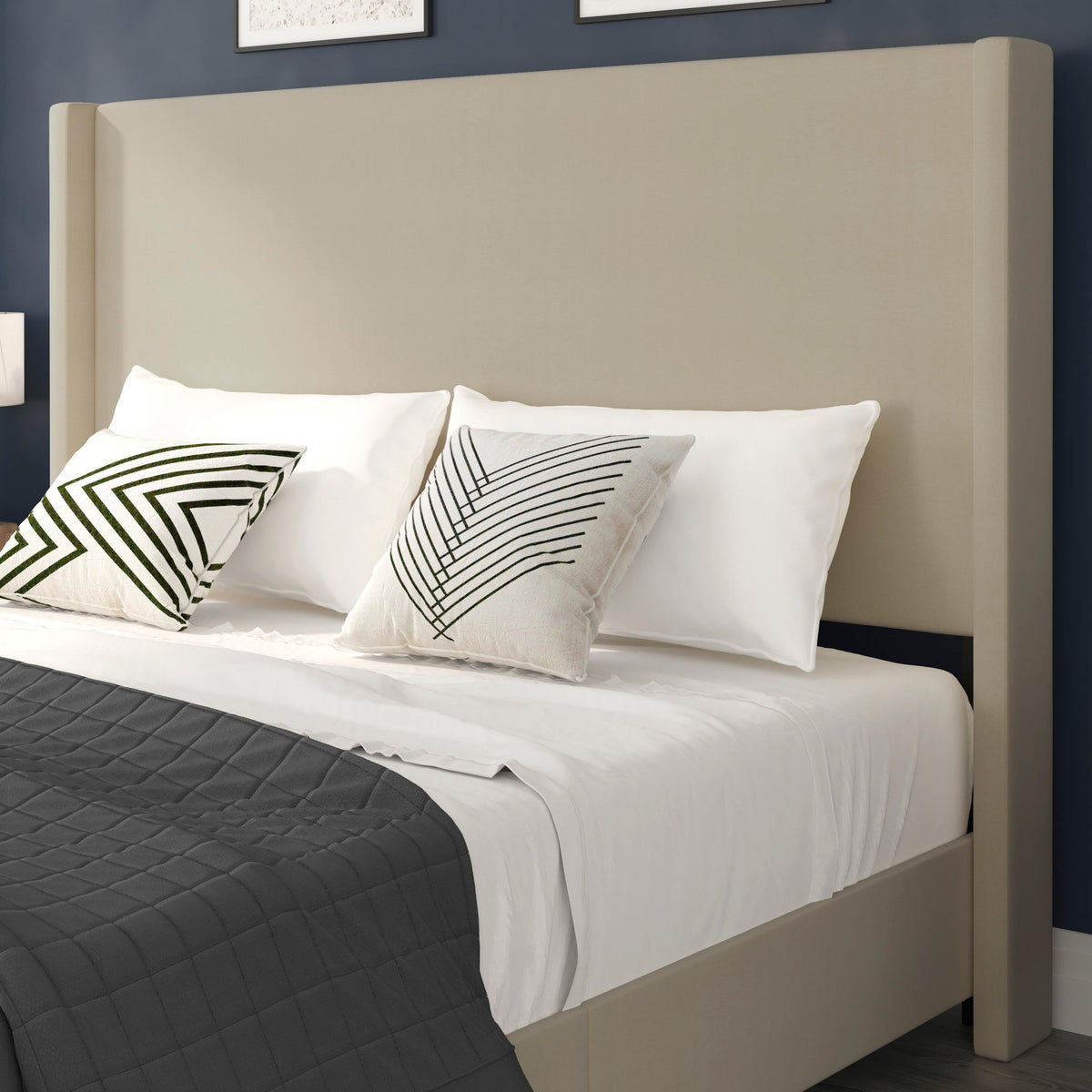 Beige,King |#| King Size Upholstered Platform Bed with Channel Stitched Headboard in Beige